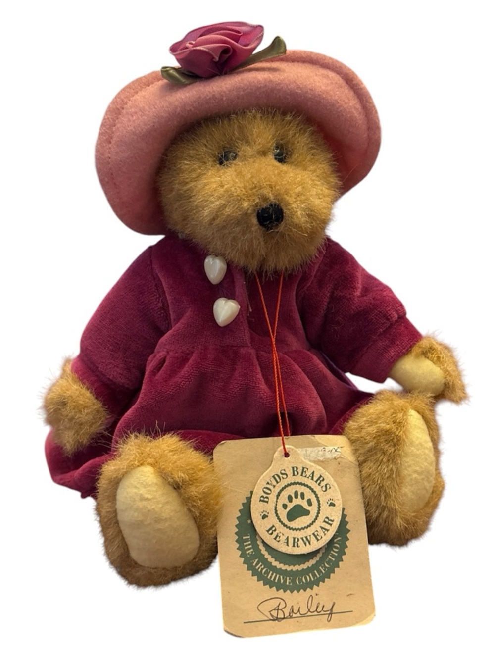Vintage Boyds Bears Bailey Archive Collection Plush Teddy Bear Pink Hat Dress